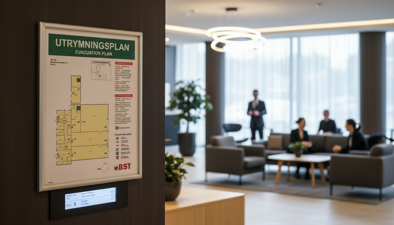 Utrymningsplan från Evacus i metallram bredvid en informationspanel i en modern kontorshotellobby med personer i samtal.