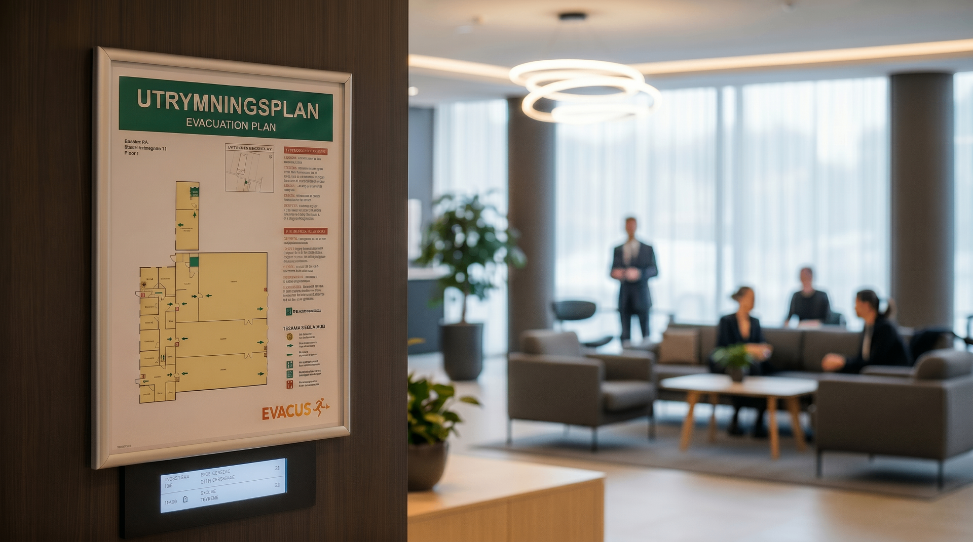 Utrymningsplan från Evacus i metallram bredvid en informationspanel i en modern kontorshotellobby med personer i samtal.