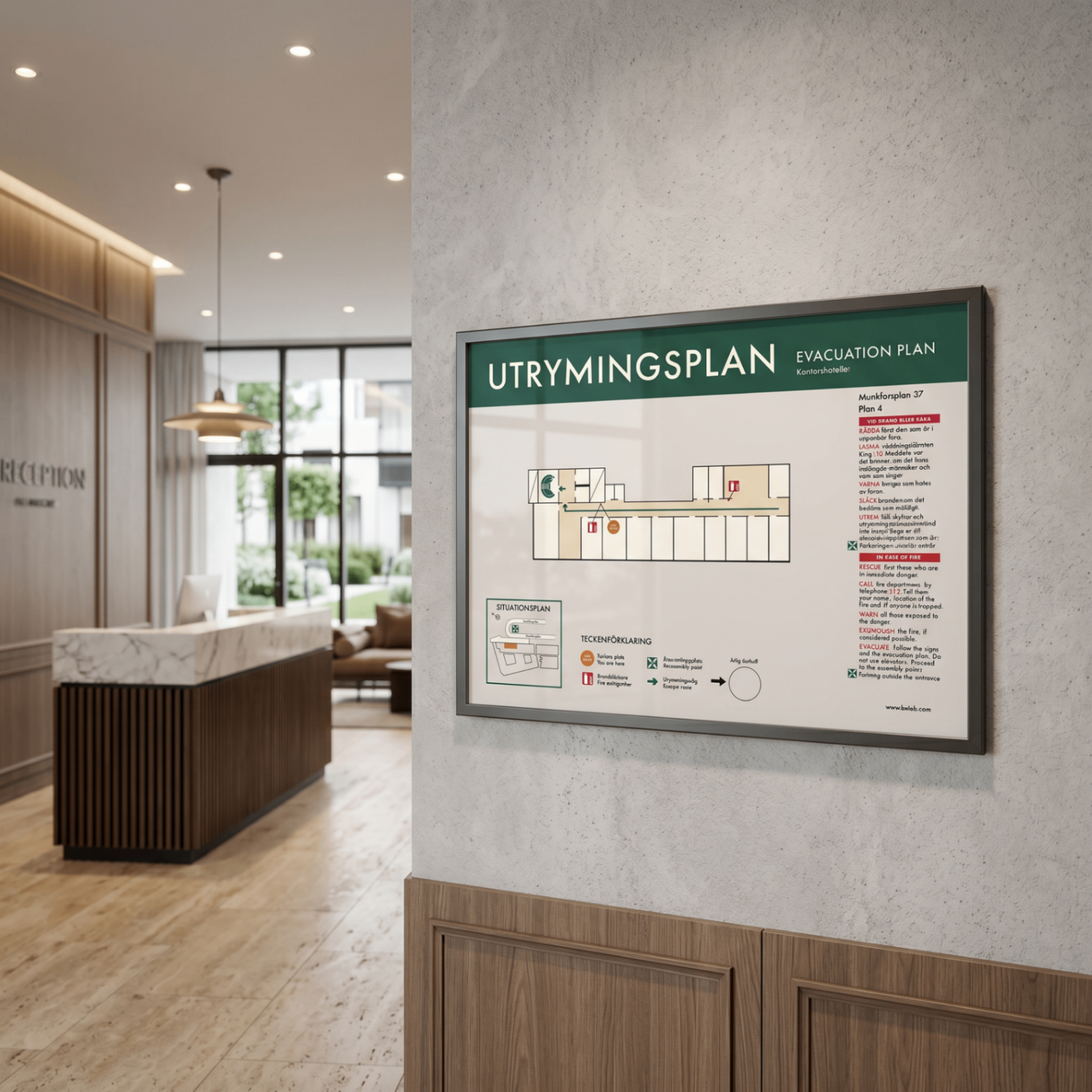 Inramad utrymningsplan från Evacus uppsatt på vägg i en modern hotellreception med träpaneler och naturligt ljus.