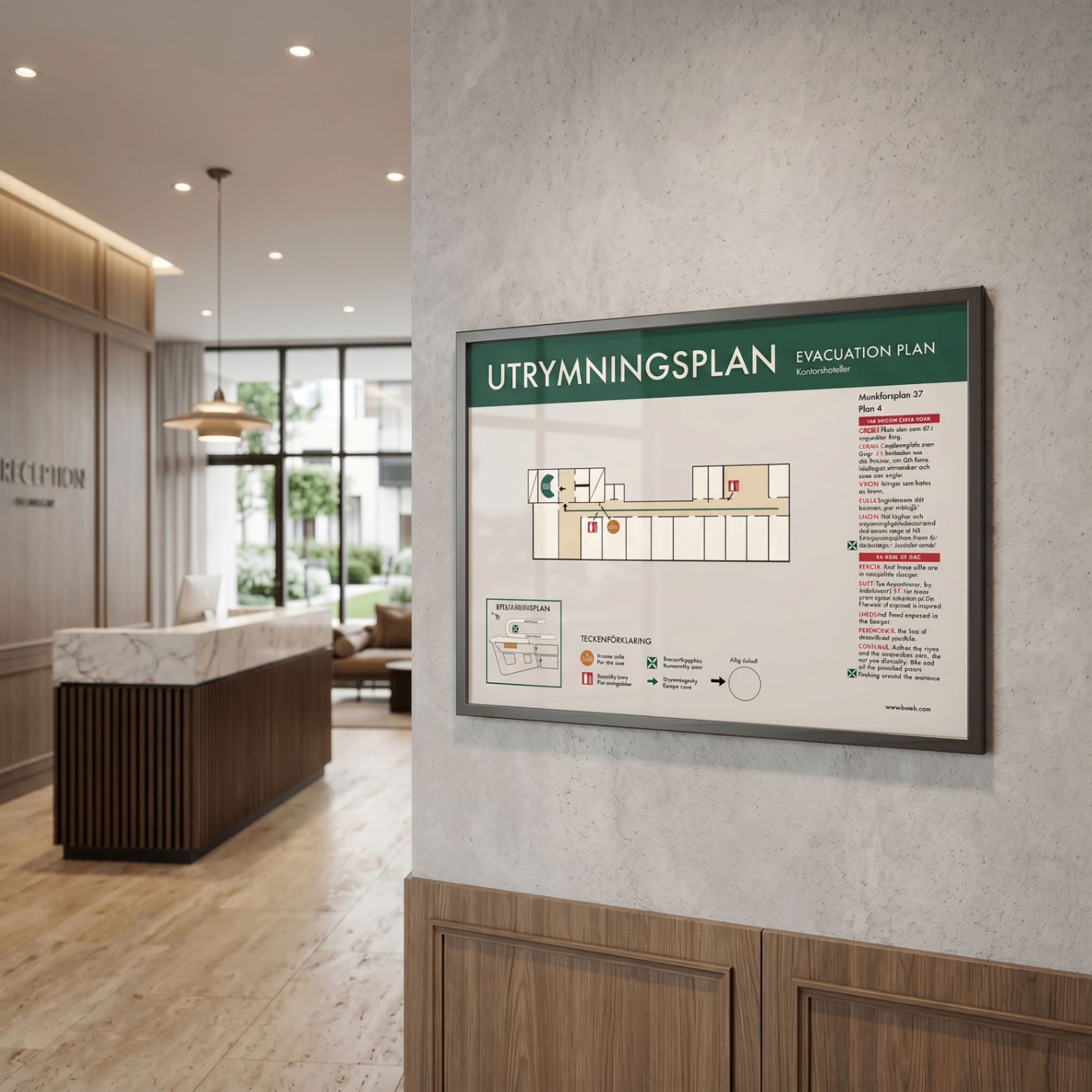 Inramad utrymningsplan från Evacus uppsatt på vägg i en modern hotellreception med träpaneler och naturligt ljus.